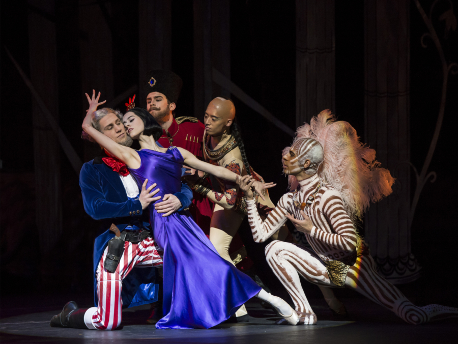 <p><em>The Prince of the Pagodas:</em> Samara Downs as Empress Épine with the Feargus Campbell, Oliver Till, Tzu-Chao Chou and Tyrone Singleton as the Kings</p>. Credit: Bill Cooper.