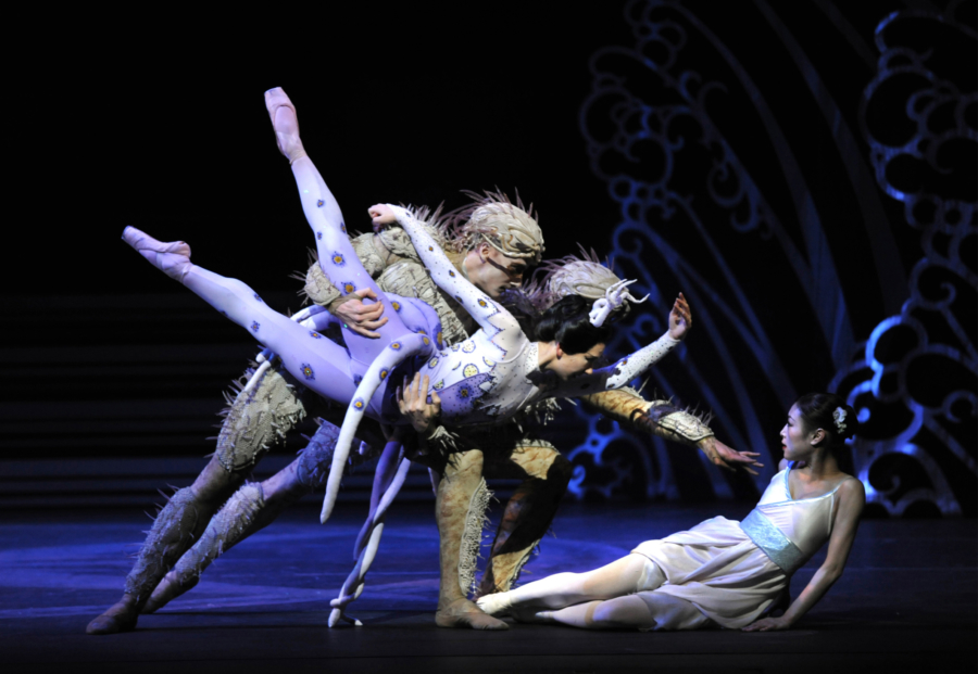 <p><em>The Prince of the Pagodas: </em>Momoko Hirata as Princess Belle Sakura, Elisha Willis as Empress Épine, and Tom Rogers and Brandon Lawrence as Deep Sea Creatures</p>. Credit: Bill Cooper.