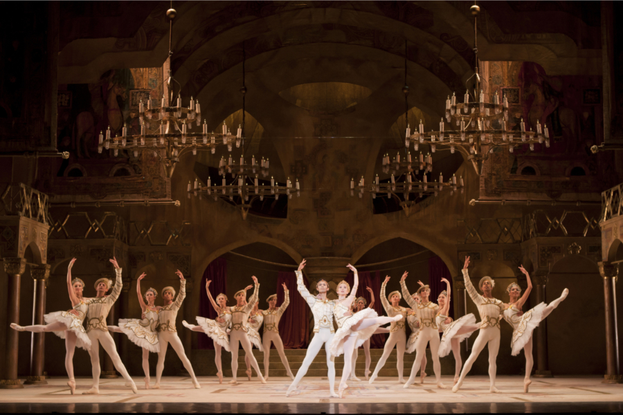 <p><em>Raymonda Act III: </em>Elisha Willis as Raymonda and César Morales as Jean de Brienne with Artists of Birmingham Royal Ballet</p>. Credit: Bill Cooper.