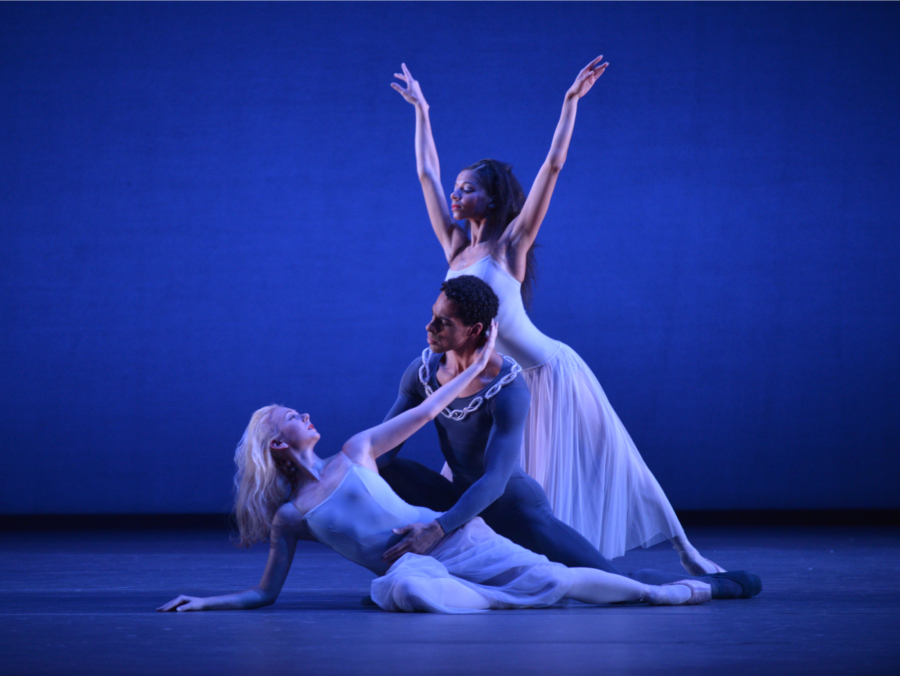 <p><em>Serenade:</em> Elisha Willis, Céline Gittens and Tyrone Singleton</p>. Credit: Phil Hitchman.