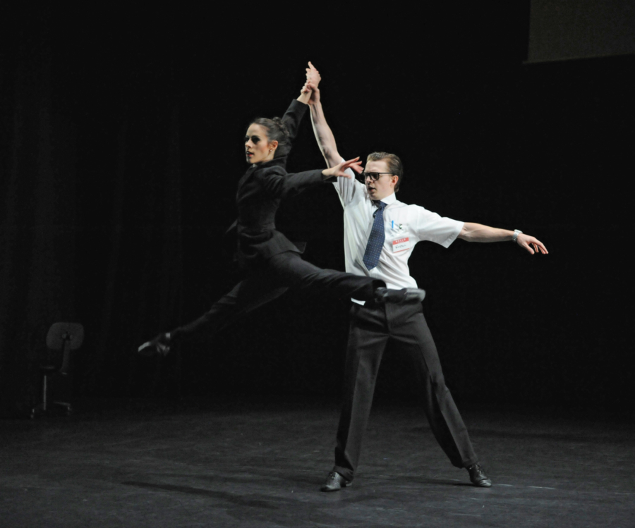 <p><em>9-5:</em> Samara Downs as the Boss and Joseph Caley as Winston</p>. Credit: Roy Smiljanic.