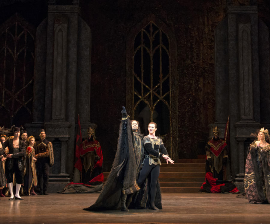 <p><em>Swan Lake:</em> Jamie Bond as Prince Siegfried and Tyrone Singleton as Baron von Rothbart with Artists of Birmingham Royal Ballet</p>. Credit: Bill Cooper.
