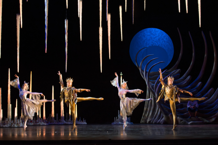 <p><em>Aladdin: </em>Samara Downs, Victoria Marr, Feargus Campbell and Steven Monteith in 'Silver and Gold'</p>. Credit: Bill Cooper.