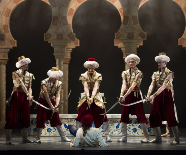 <p><em>Aladdin: </em>César Morales as Aladdin with Artists of Birmingham Royal Ballet</p>. Credit: Bill Cooper.