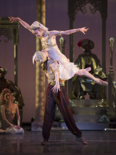 <p><em>Aladdin: </em>Nao Sakuma as Princess Badr al-Budur and César Morales as Aladdin</p>. Credit: Bill Cooper.