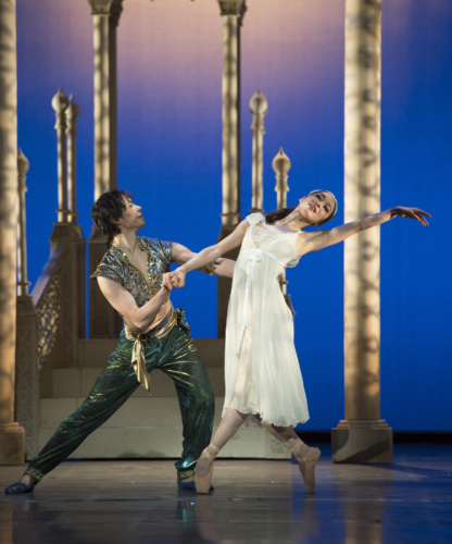 <p><em>Aladdin:</em> Nao Sakuma as Princess Badr al-Budur and César Morales as Aladdin</p>. Credit: Bill Cooper.