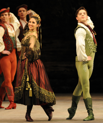 <p><em>Coppélia:</em> Angela Paul as the Gypsy and Joseph Caley as Franz</p>. Credit: Roy Smiljanic.