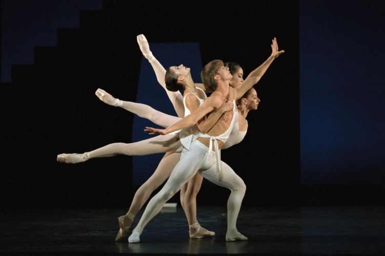 <p><em>Apollo:</em> Robert Parker as Apollo with the three Muses</p>. Credit: Bill Cooper.