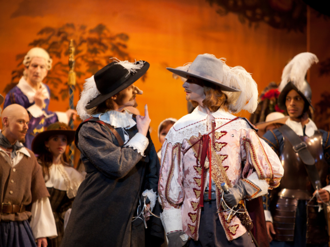 <p><em>Cyrano:</em> Robert Parker as Cyrano and Valentin Olovyannikov as Valvert with Artists of Birmingham Royal Ballet</p>. Credit: Bill Cooper.