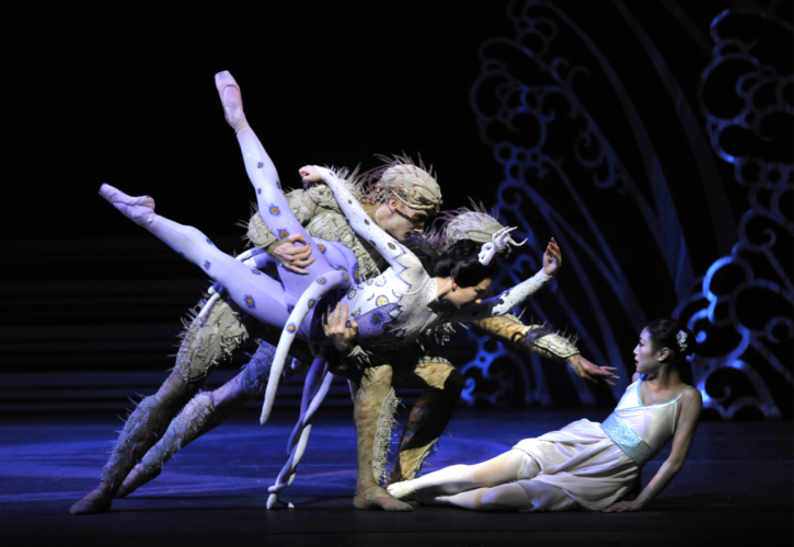 <p><em>The Prince of the Pagodas: </em>Momoko Hirata as Princess Belle Sakura, Elisha Willis as Empress Épine, and Tom Rogers and Brandon Lawrence as Deep Sea Creatures</p>. Credit: Bill Cooper.