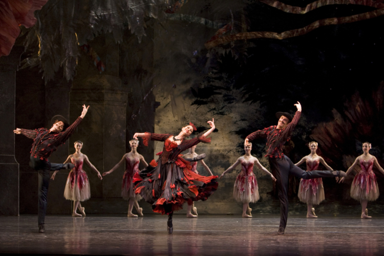 <p><em>The Nutcracker:</em> Dianne Gray, Mathias Dingman and Richard Smith in the 'Spanish Dance'</p>. Credit: Bill Cooper.