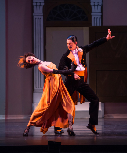 <p><em>Façade:</em> Samara Downs as the Debutante and Rory Mackay as the Dago</p>. Credit: Bill Cooper.