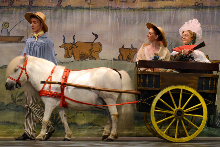 <p><em>La Fille mal gardée</em><em>:</em> Elisha Willis as Lise and Rory Mackay as Widow Simone with Max Maslen and Peregrine the pony</p>. Credit: Roy Smiljanic.