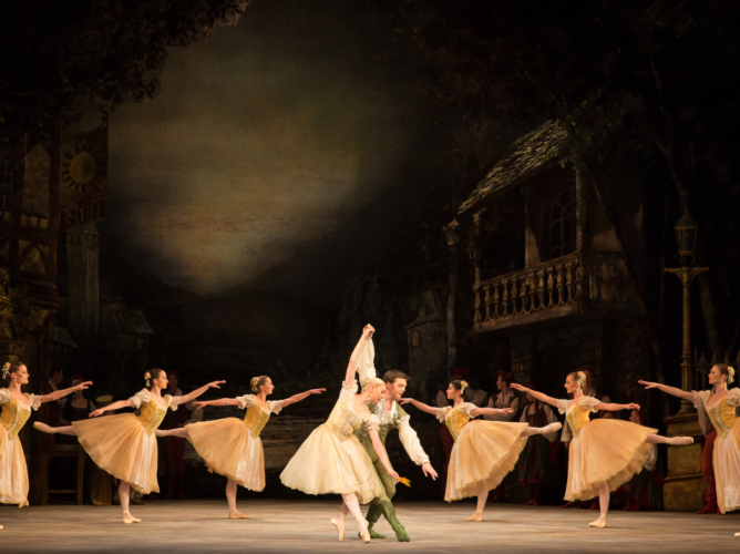 <p><em>Coppélia:</em> Elisha Willis as Swanilda and Joseph Caley as Franz with Artists of Birmingham Royal Ballet</p>. Credit: Andrew Ross.
