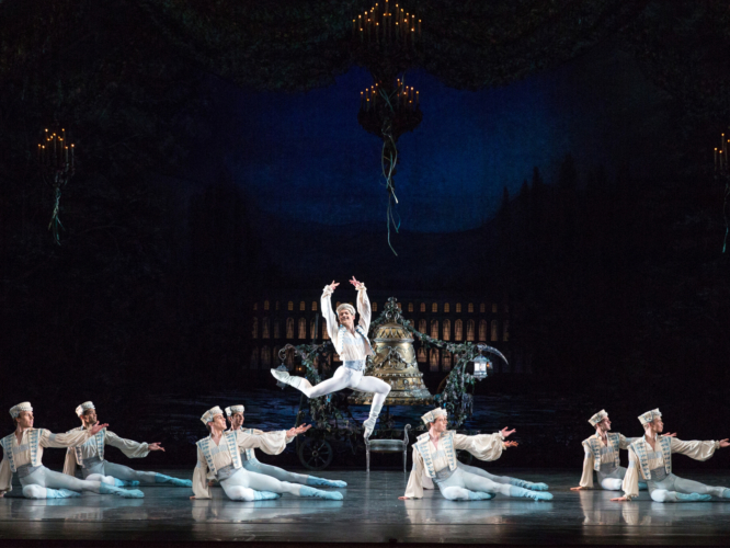 <p><em>Coppélia: </em>Mathias Dingman with Artists of Birmingham Royal Ballet in 'Call to Arms'</p>. Credit: Andrew Ross.