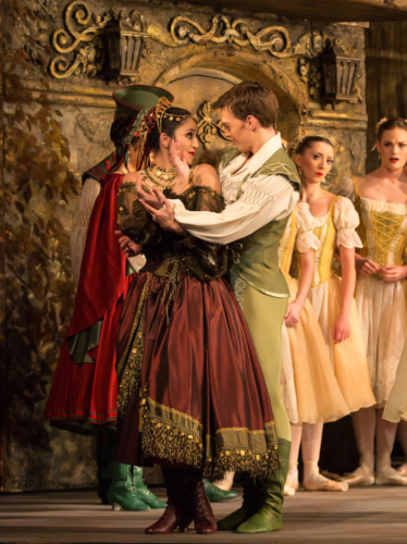 <p><em>Coppélia: </em>Angela Paul as the Gypsy and Joseph Caley as Franz</p>. Credit: Andrew Ross.