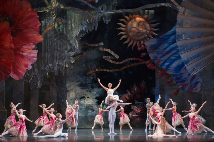 <p><em>The Nutcracker: </em>Céline Gittens as the Rose Fairy and Yasuo Atsuji as her Consort with Artists of Birmingham Royal Ballet</p>. Credit: Andrew Ross.