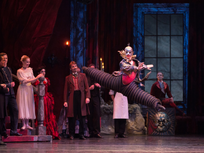 <p><em>The Nutcracker:</em> Lewis Turner as Jack-in-the-Box with Artists of Birmingham Royal Ballet</p>. Credit: Andrew Ross.