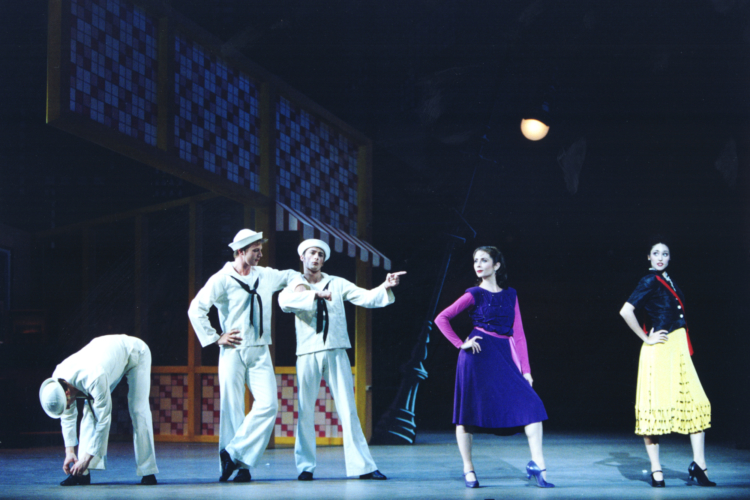 <p><em>Fancy Free:</em> Rachel Peppin and Angela Paul as Passers-By with Robert Parker, James Grundy and Michael Revie as a Sailors</p>. Credit: Bill Cooper.