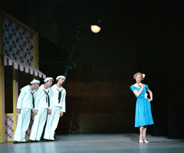 <p><em>Fancy Free:</em> Victoria Marr as a Passer-By with Robert Parker, Michael Revie and James Grundy as a Sailors</p>. Credit: Bill Cooper.