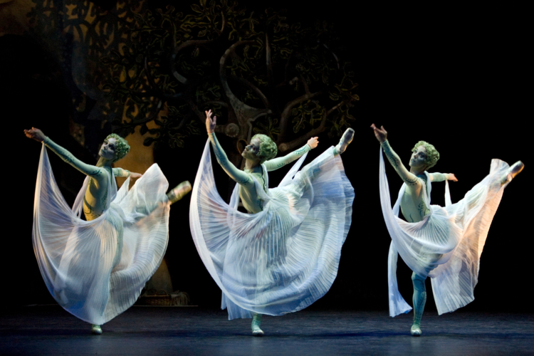 <p><em>Daphnis and Chloë: </em>Andrea Tredinnick, Silvia Jimenez and Victoria Marr as Nymphs of Pan</p>. Credit: Bill Cooper.