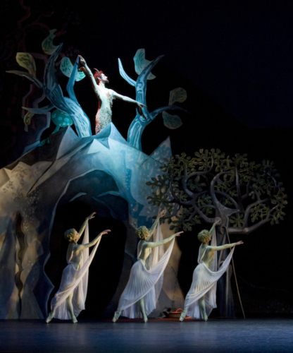 <p><em>Daphnis and Chloë: </em>Andrea Tredinnick, Silvia Jimenez and Victoria Marr as Nymphs, and Tom Rogers as Pan</p>. Credit: Bill Cooper.