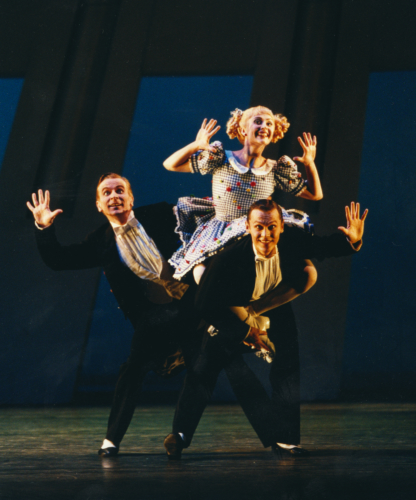 <p><em>The Nutcracker Sweeties:</em> Rachel Peppin as Buttons with Michael O'Hare and Timothy Cross as the Buttons Boys</p>. Credit: Bill Cooper.