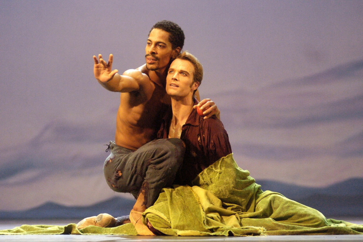 <p><em>Edward II: </em>Tyrone Singleton as Gaveston and Robert Tewsley as Edward</p>. Credit: Roy Smiljanic.