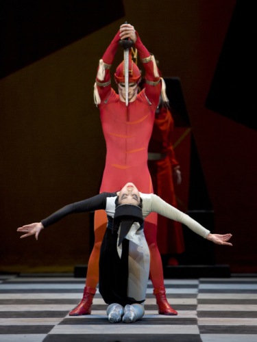 <p><em>Checkmate: </em>Nao Sakuma as the Black Queen and Iain Mackay as the First Red Knight</p>. Credit: Bill Cooper.