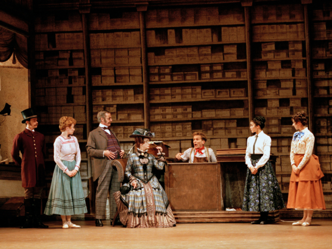 <p><em>Hobson's Choice: </em>Leticia Müller as Maggie Hobson, Anne Marie Little as Vickey Hobson, Grace Maduell as Alice Hobson, Michael O'Hare as Will Mossop, Desmond Kelly as Henry Hobson and Anita Landa as Mrs Hepworth</p>. Credit: Bill Cooper.