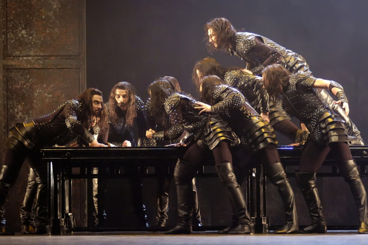 <p><em>Edward II:</em> Artists of Birmingham Royal Ballet as Barons</p>. Credit: Roy Smiljanic.