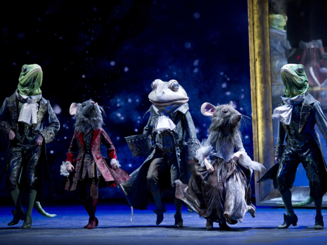 <p><em>Cinderella: </em>James Barton as the Frog Coachman, Valentin Olovyanikov and Jonathan Payn as Lizard Footmen and Students of Elmhurst School for Dance as Mouse Pages</p>. Credit: Bill Cooper.