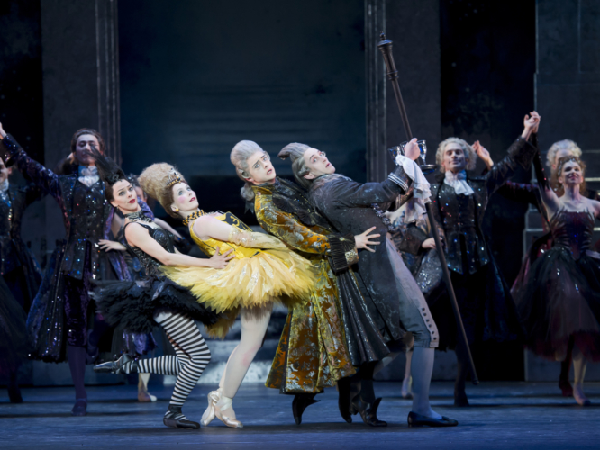 <p><em>Cinderella: </em>Gaylene Cummerfield as Skinny, Carol-Anne Millar as Dumpy, Rory Mackay as the Major Domo and Benjamin Soerel as a Waiter with Artists of Birmingham Royal Ballet</p>. Credit: Bill Cooper.