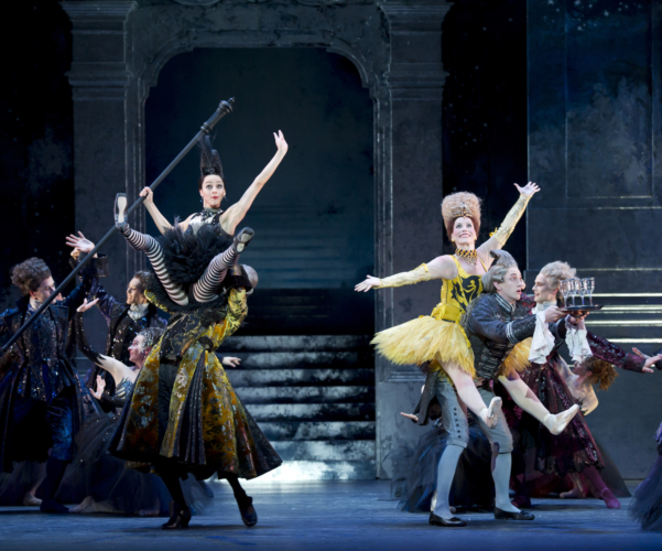 <p><em>Cinderella: </em>Gaylene Cummerfield as Skinny, Carol-Anne Millar as Dumpy, Rory Mackay as the Major Domo and Benjamin Soerel as a Waiter with Artists of Birmingham Royal Ballet</p>. Credit: Bill Cooper.