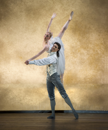 <p><em>Cinderella:</em> Elisha Willis as Cinderella and Iain Mackay as the Prince</p>. Credit: Bill Cooper.