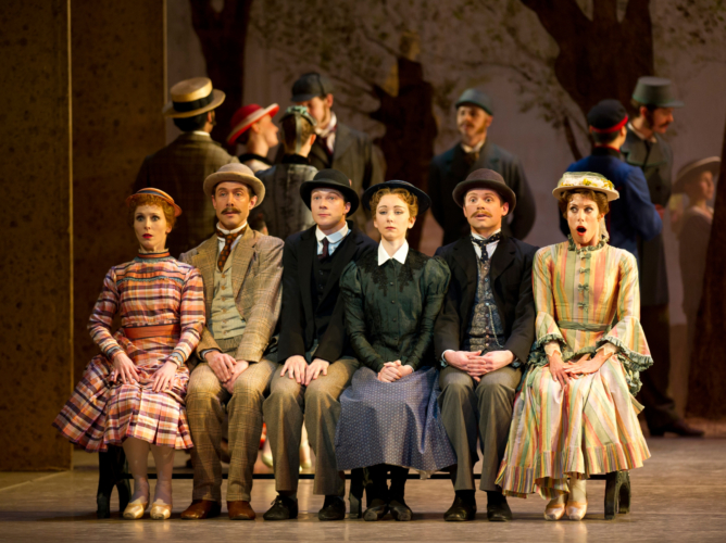 <p><em>Hobson's Choice:</em> Carol-Anne Millar as Vickey Hobson, Elisha Willis as Maggie Hobson, Victoria Marr as Alice Hobson, Matthew Lawrence as Fred Beenstock, Robert Parker as Will Mossop and Jonathan Payn as Albert Prosser</p>. Credit: Bill Cooper.