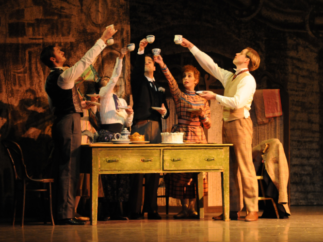 <p><em>Hobson's Choice:</em> Ambra Vallo as Maggie Hobson, Laëtitia Lo Sardo as Alice Hobson, Rory Mackay as Albert Prosser, Alexander Campbell as Will Mossop and Steven Monteith as Fred Beenstock</p>. Credit: Geoff Slack.