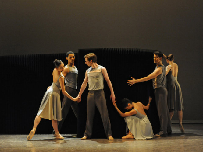 <p><em>Lyric Pieces: </em>Yijing Zhang, Brandon Lawrence, James Barton, Maureya Lebowitz and Mathias Dingman in 'Remembrances'</p>. Credit: Roy Smiljanic.