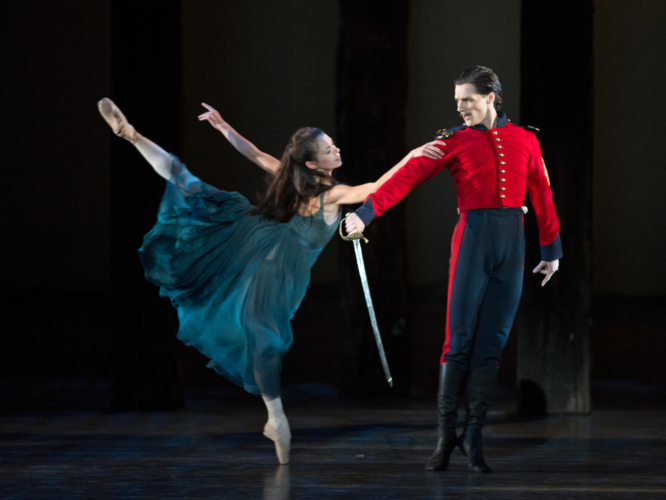 <p><em>Far from the Madding Crowd: </em>Natasha Oughtred as Bathsheba Everdene and Jamie Bond as Sergeant Francis Troy</p>. Credit: Bill Cooper.
