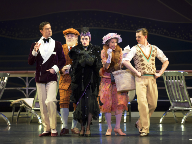 <p><em>The Grand Tour:</em> Matthew Lawrence as Noël Coward, Jonathan Payn as George Bernard Shaw, Samara Downs as Theda Bara, Victoria Marr as the American Lady and Joseph Caley as Douglas Fairbanks</p>. Credit: Bill Cooper.