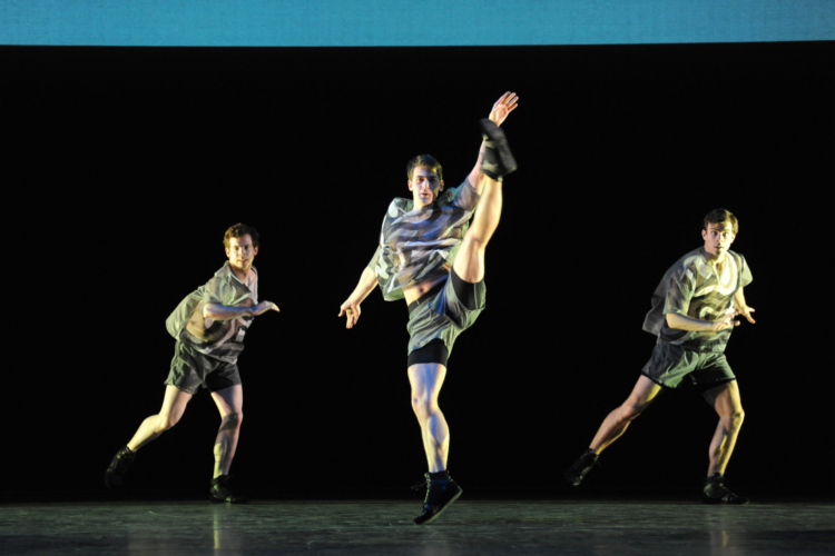<p><em>Faster: </em>Mathias Dingman with James Barton and Oliver Till</p>. Credit: Roy Smiljanic.