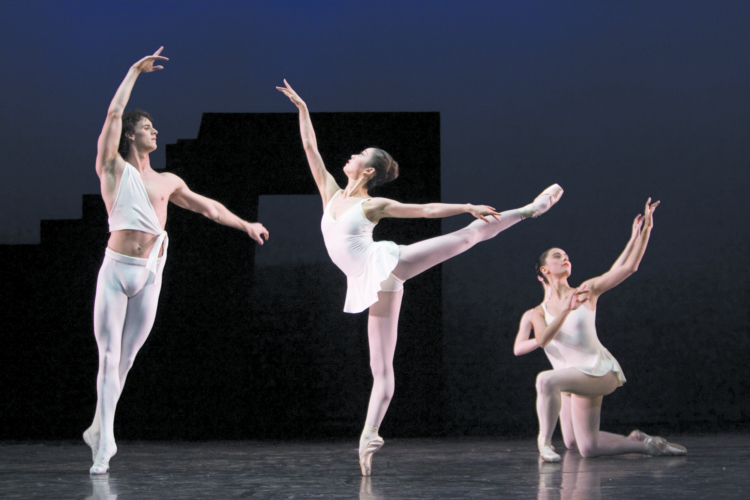 <p><em>Apollo: </em>Nao Sakuma as Polyhymnia, Laëtitia Lo Sardo as Calliope and Iain Mackay as Apollo</p>. Credit: Bill Cooper.