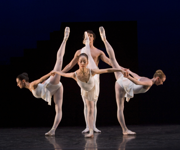 <p><em>Apollo: </em>Laëtitia Lo Sardo as Calliope, Nao Sakuma as Polyhymnia, Elisha Willis as Polyhymnia and Iain Mackay as Apollo</p>. Credit: Bill Cooper.