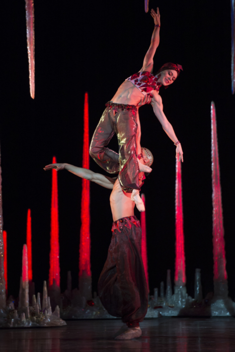 <p><em>Aladdin: </em>Ambra Vallo and Tyrone Singleton in 'Rubies'</p>. Credit: Bill Cooper.