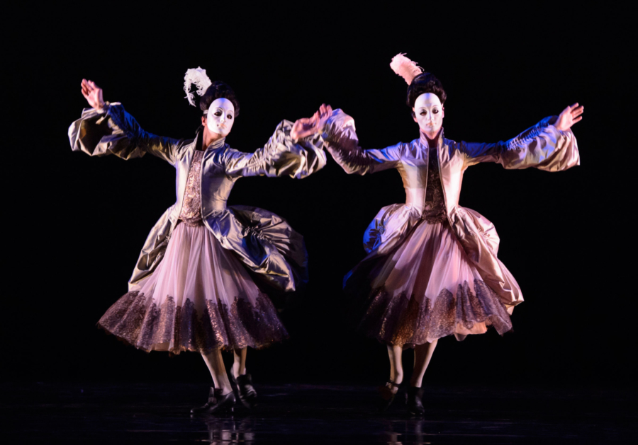 <p><em>The King Dances:</em> Jonathan Caguioa and Max Maslen as Mesdames</p>. Credit: Bill Cooper.