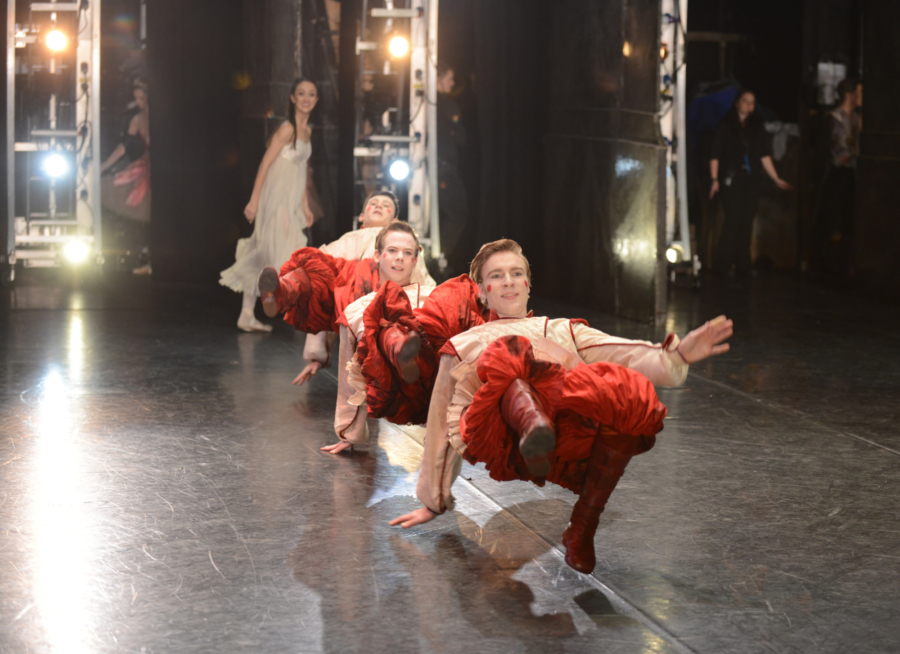 <p><em>The Nutcracker </em>from the wings: Laura Purkiss as Clara with Max Maslen and James Barton in the 'Russian Dance'</p>. Credit: Roy Smiljanic.