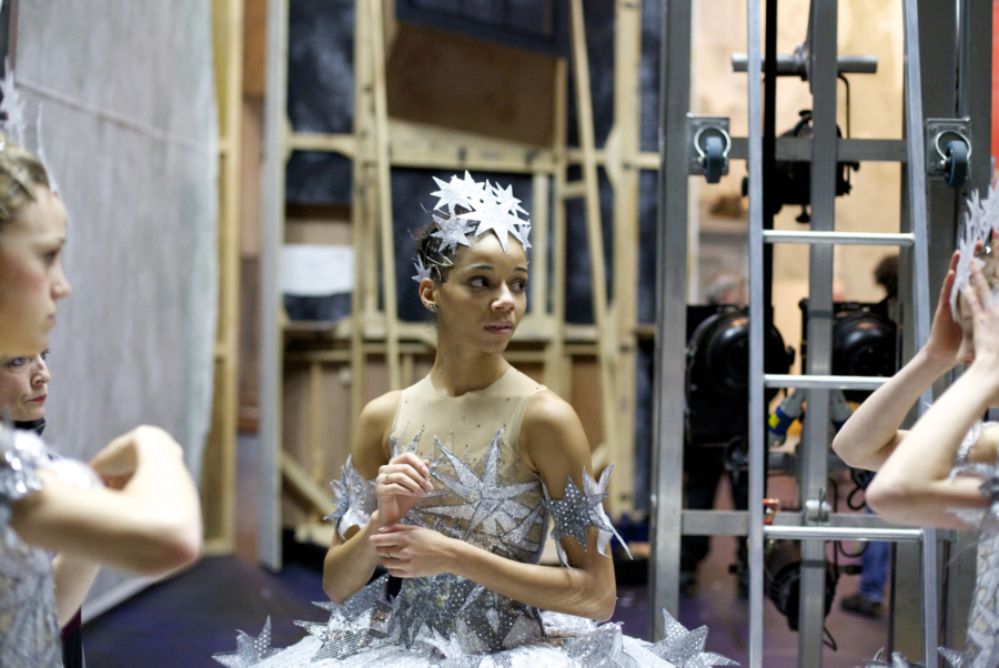 <p><em>Cinderella</em> Act I stage rehearsal from the wings: Céline Gittens as a Star</p>. Credit: Andrew Ross.