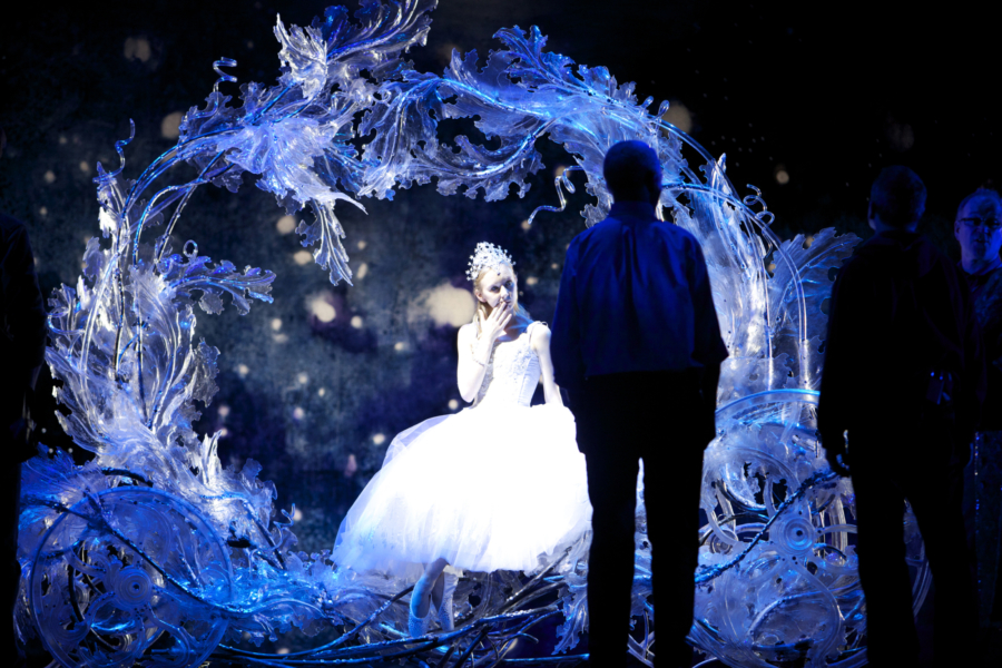 <p><em>Cinderella </em>Act I stage rehearsal: Elisha Willis as Cinderella with John Macfarlane and David Bintley</p>. Credit: Andrew Ross.