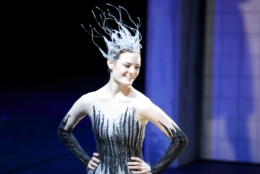 <p><em>Cinderella </em>Act I stage rehearsal: Delia Mathews as Winter</p>. Credit: Andrew Ross.