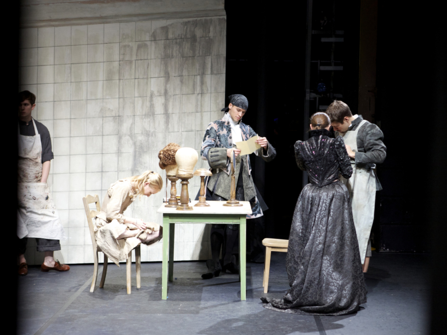 <p><em>Cinderella </em>Act I stage rehearsal from the wings: Marion Tait as the Step Mother, Elisha Willis as Cinderella, Robert Gravenor as the Hairdresser and Kit Holder as the Wig Maker</p>. Credit: Andrew Ross.